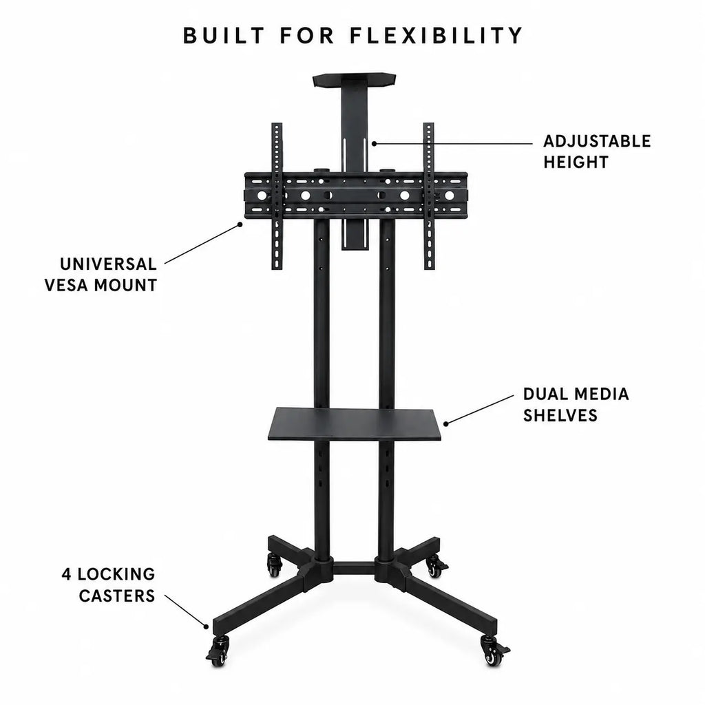 Mobile TV Cart Stand with Wheels and Dual Shelves