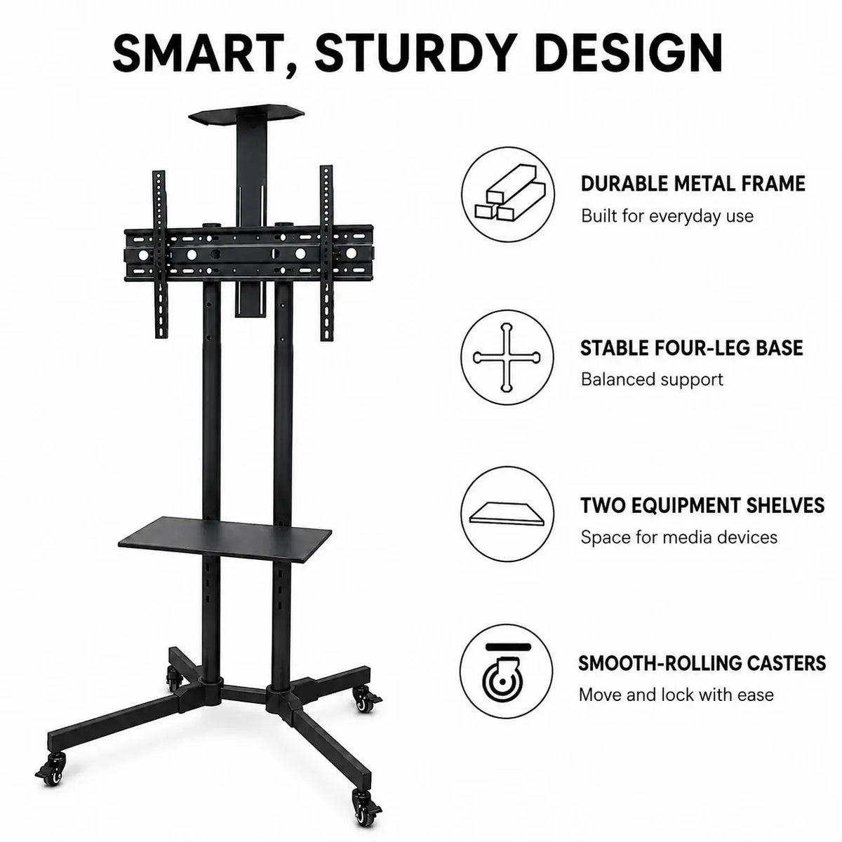 Mobile TV Cart Stand with Wheels and Dual Shelves