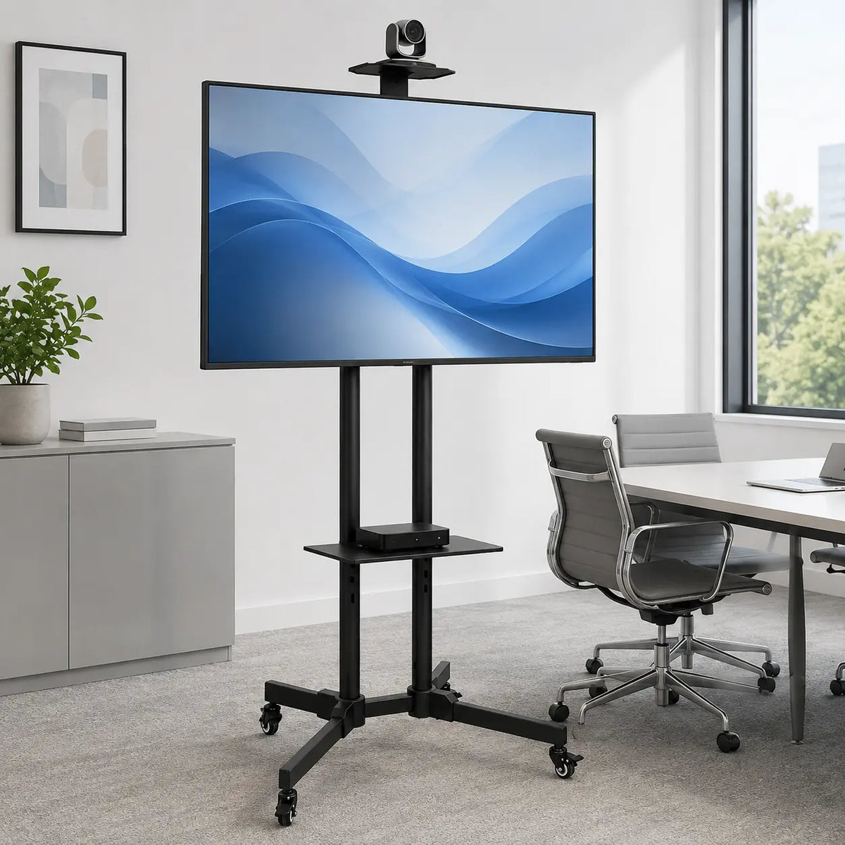 Mobile TV Cart Stand with Wheels and Dual Shelves