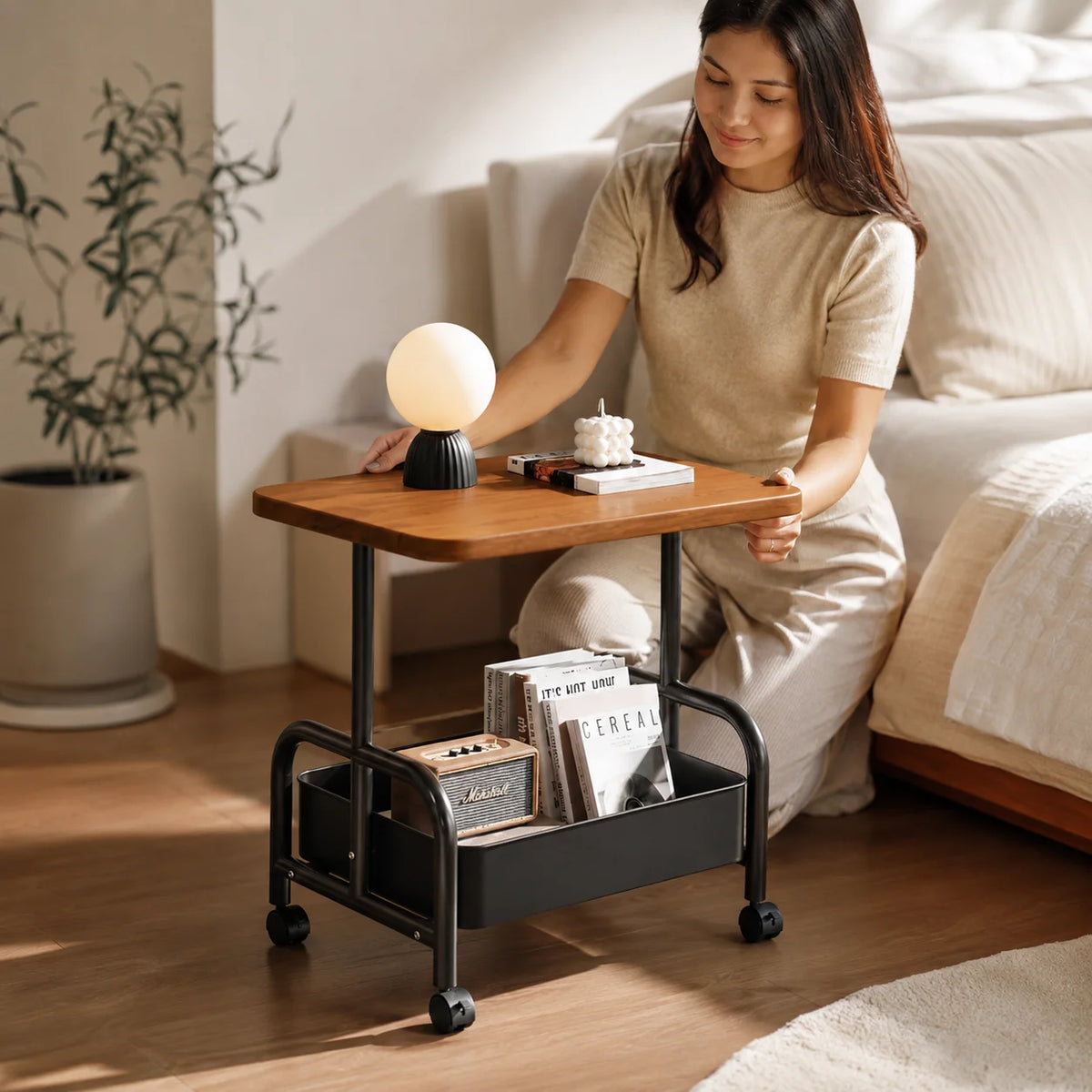 Rolling Side Table Trolley with Bamboo Wooden Top