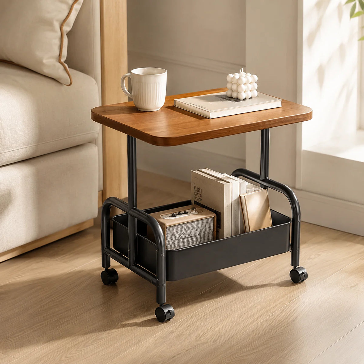 Rolling Side Table Trolley with Bamboo Wooden Top