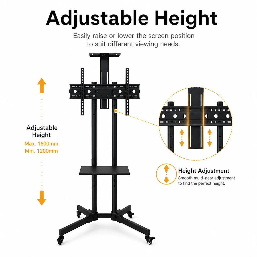 Mobile TV Cart Stand with Wheels and Dual Shelves
