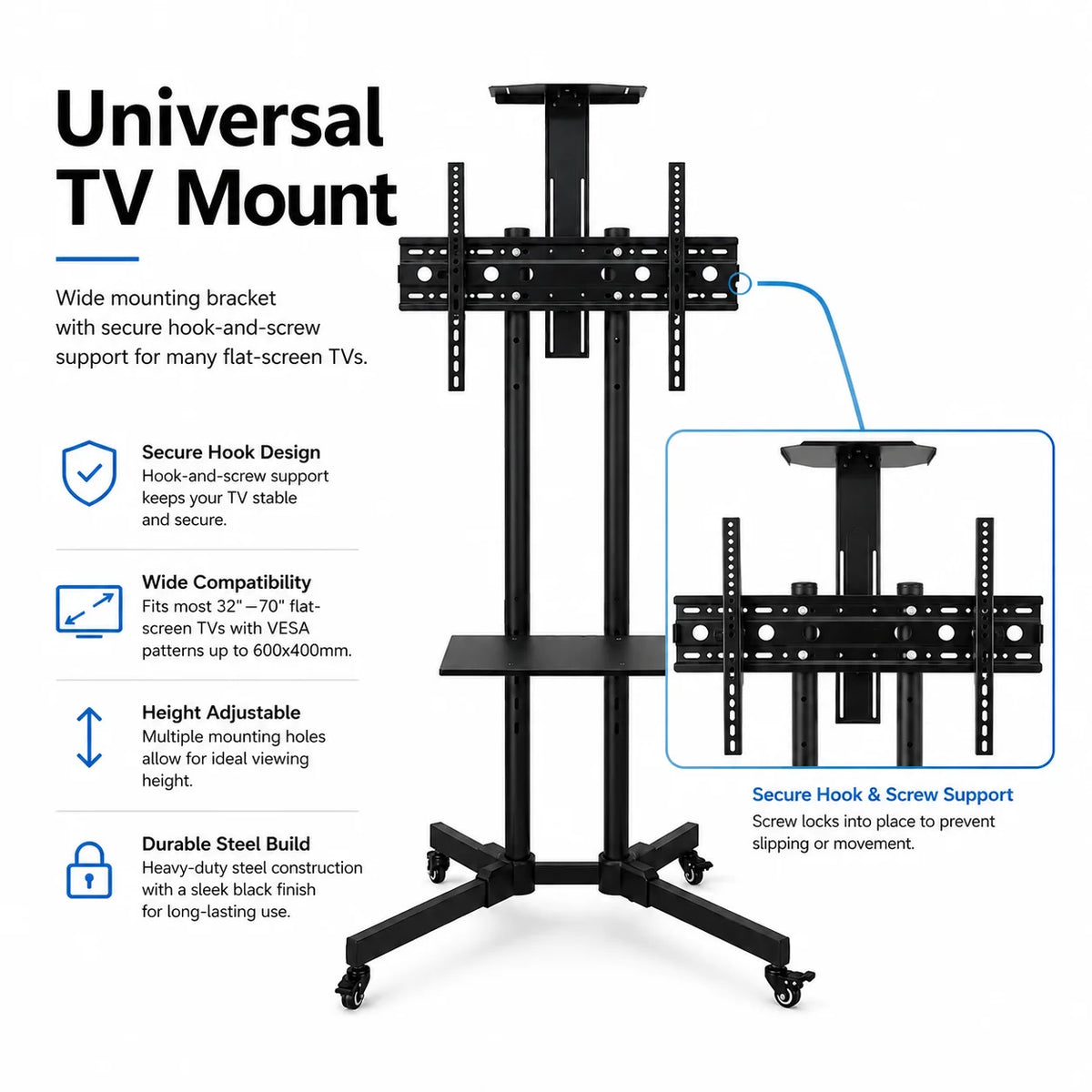 Mobile TV Cart Stand with Wheels and Dual Shelves