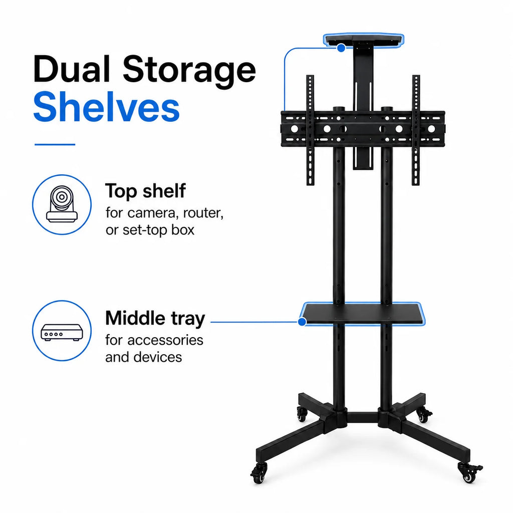 Mobile TV Cart Stand with Wheels and Dual Shelves