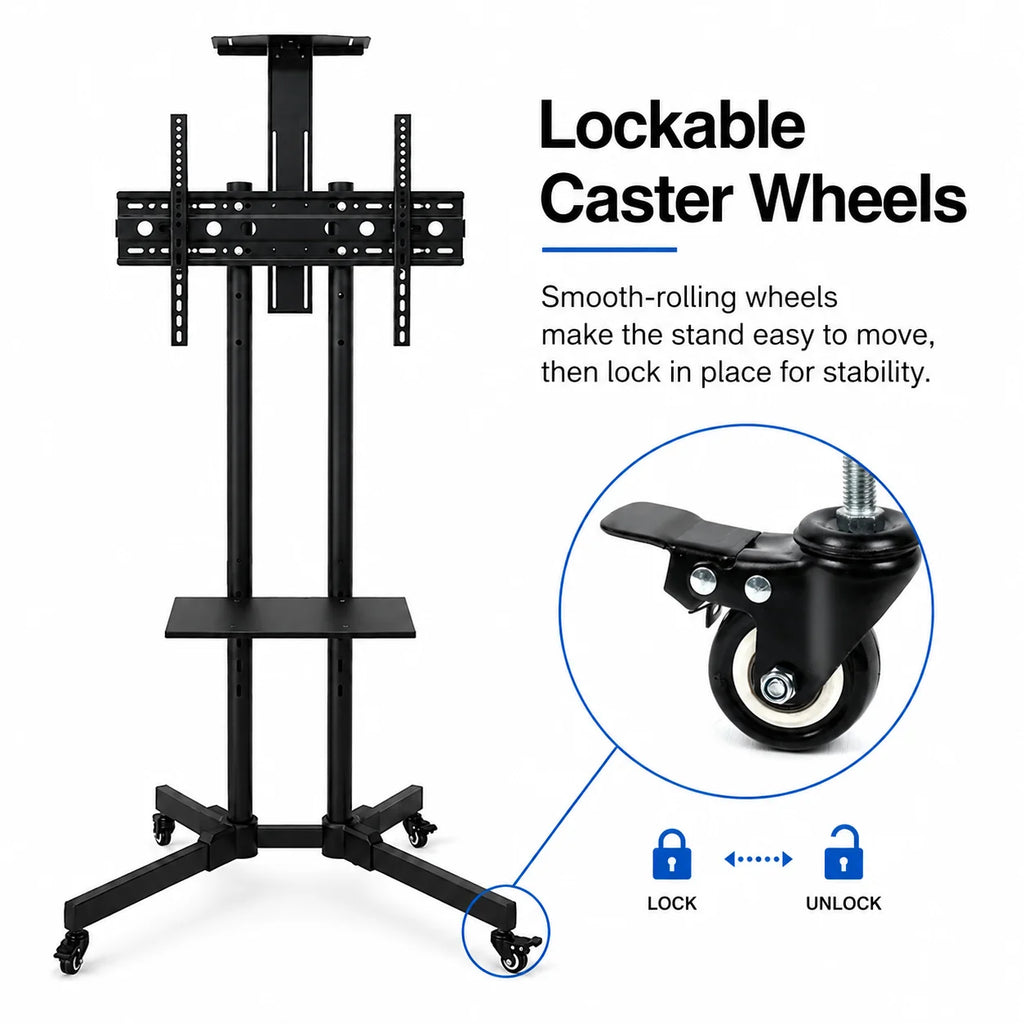 Mobile TV Cart Stand with Wheels and Dual Shelves