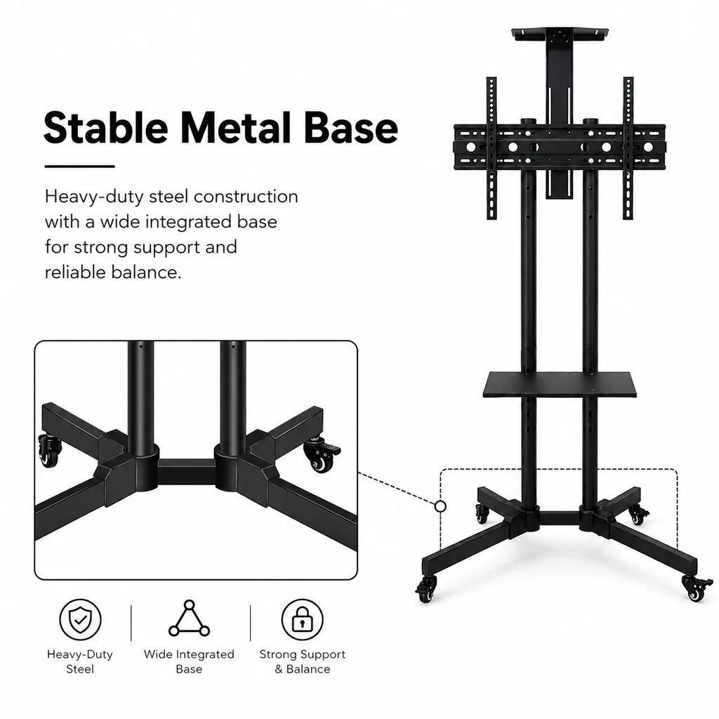 Mobile TV Cart Stand with Wheels and Dual Shelves
