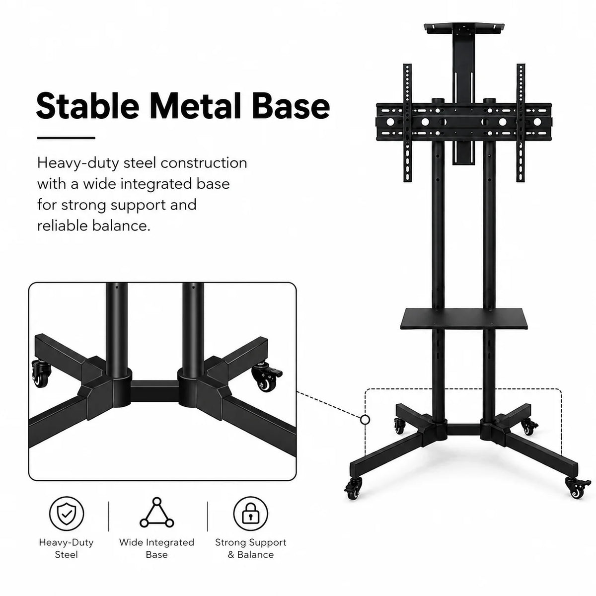Mobile TV Cart Stand with Wheels and Dual Shelves