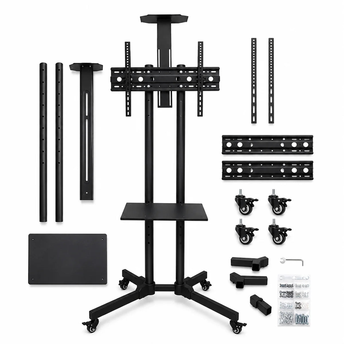 Mobile TV Cart Stand with Wheels and Dual Shelves