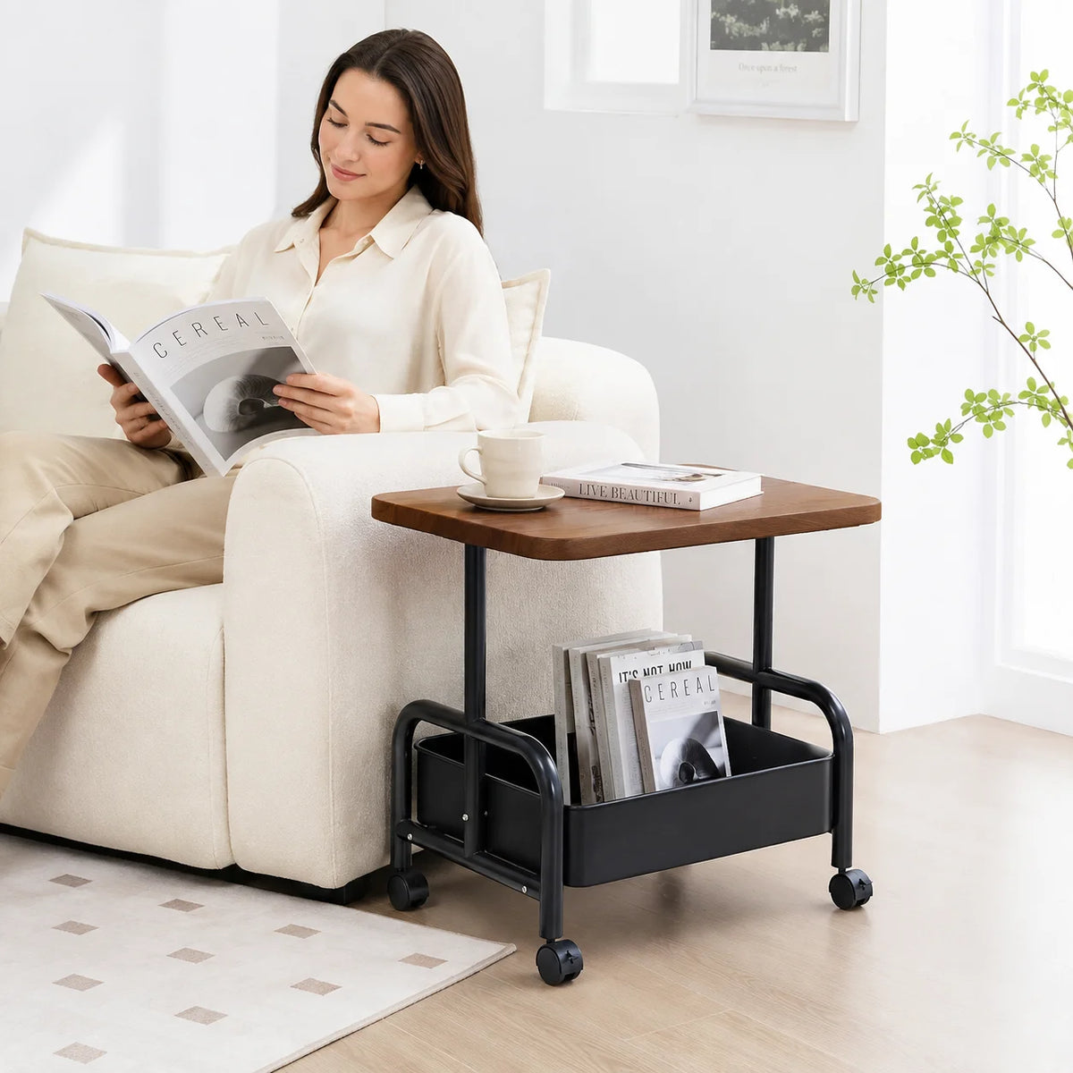 Rolling Side Table Trolley with Bamboo Wooden Top