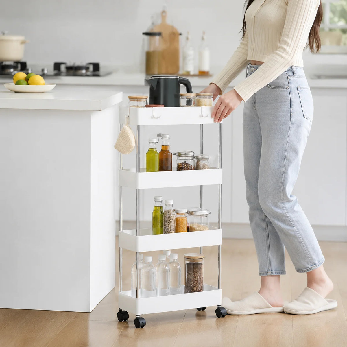 4-Tier Ultra Slim Rolling Storage Trolley Cart With Side Hooks