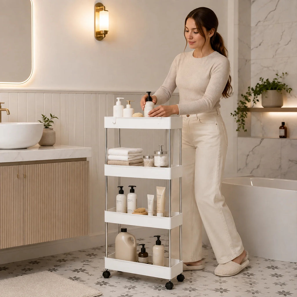 4-Tier Ultra Slim Rolling Storage Trolley Cart With Side Hooks