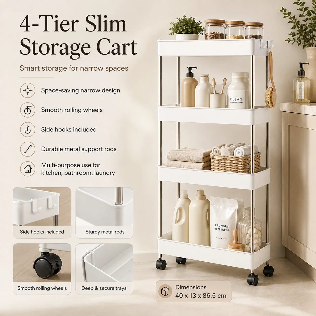 4-Tier Ultra Slim Rolling Storage Trolley Cart With Side Hooks