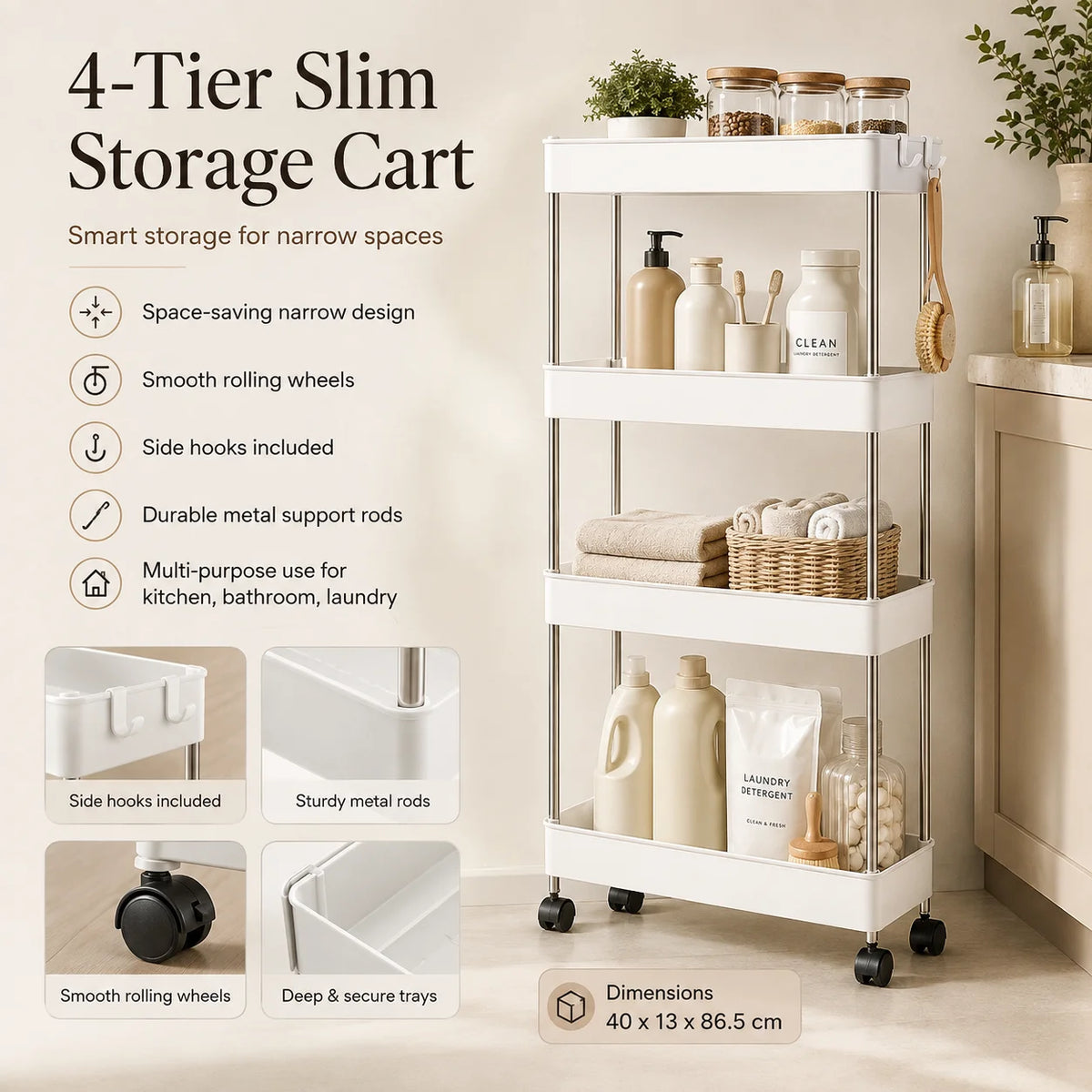 4-Tier Ultra Slim Rolling Storage Trolley Cart With Side Hooks
