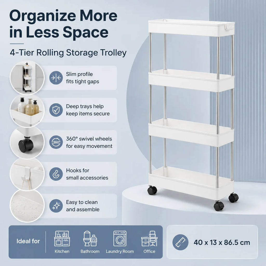 4-Tier Ultra Slim Rolling Storage Trolley Cart With Side Hooks