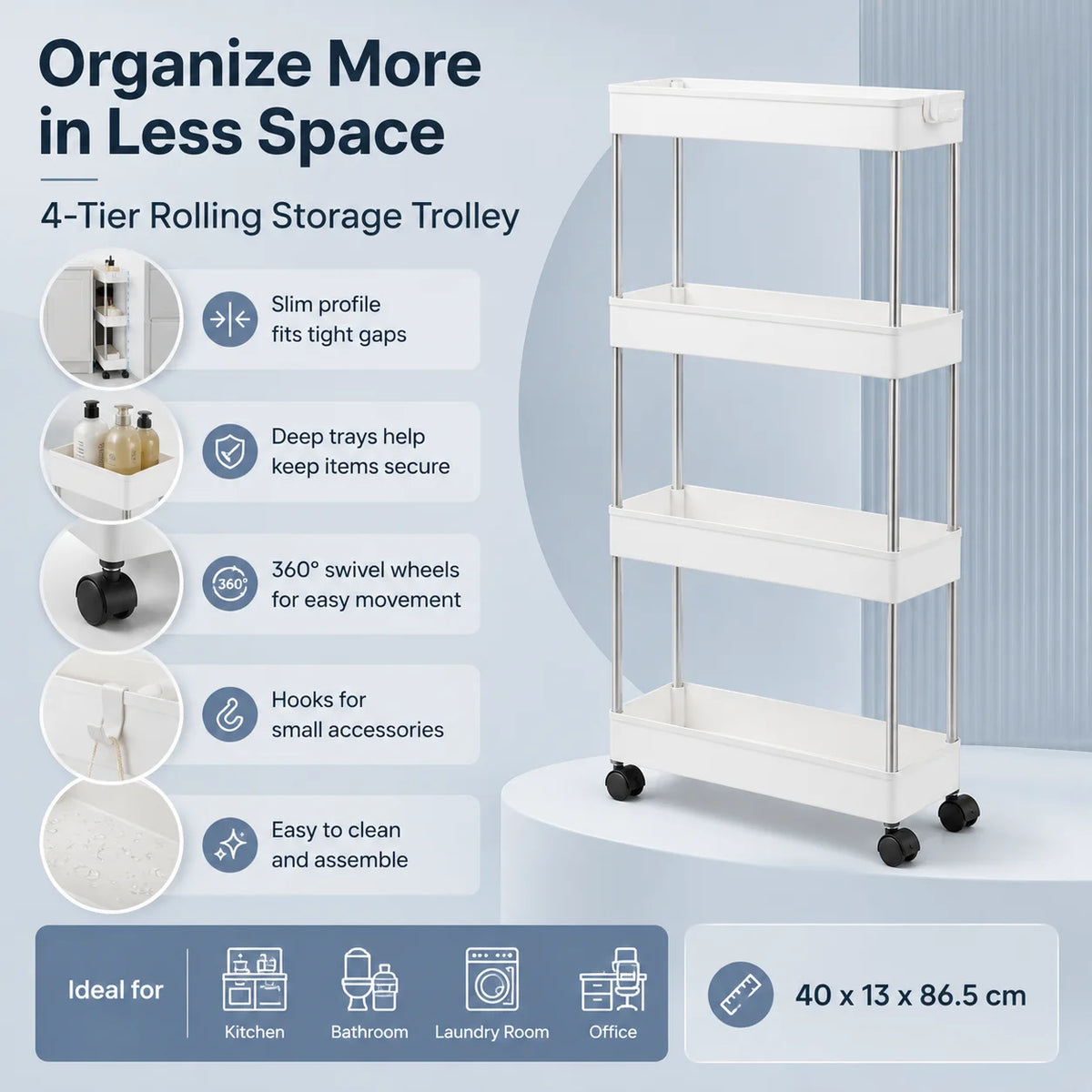 4-Tier Ultra Slim Rolling Storage Trolley Cart With Side Hooks