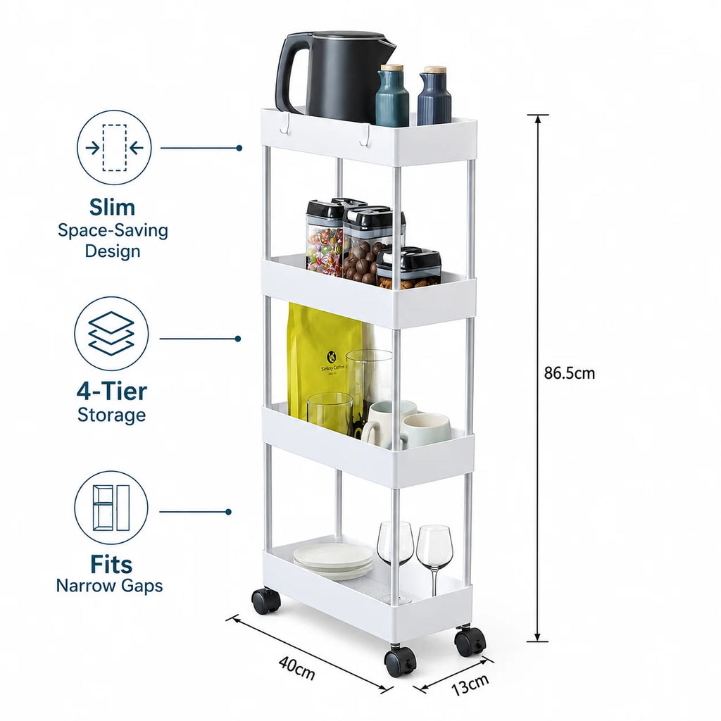 4-Tier Ultra Slim Rolling Storage Trolley Cart With Side Hooks