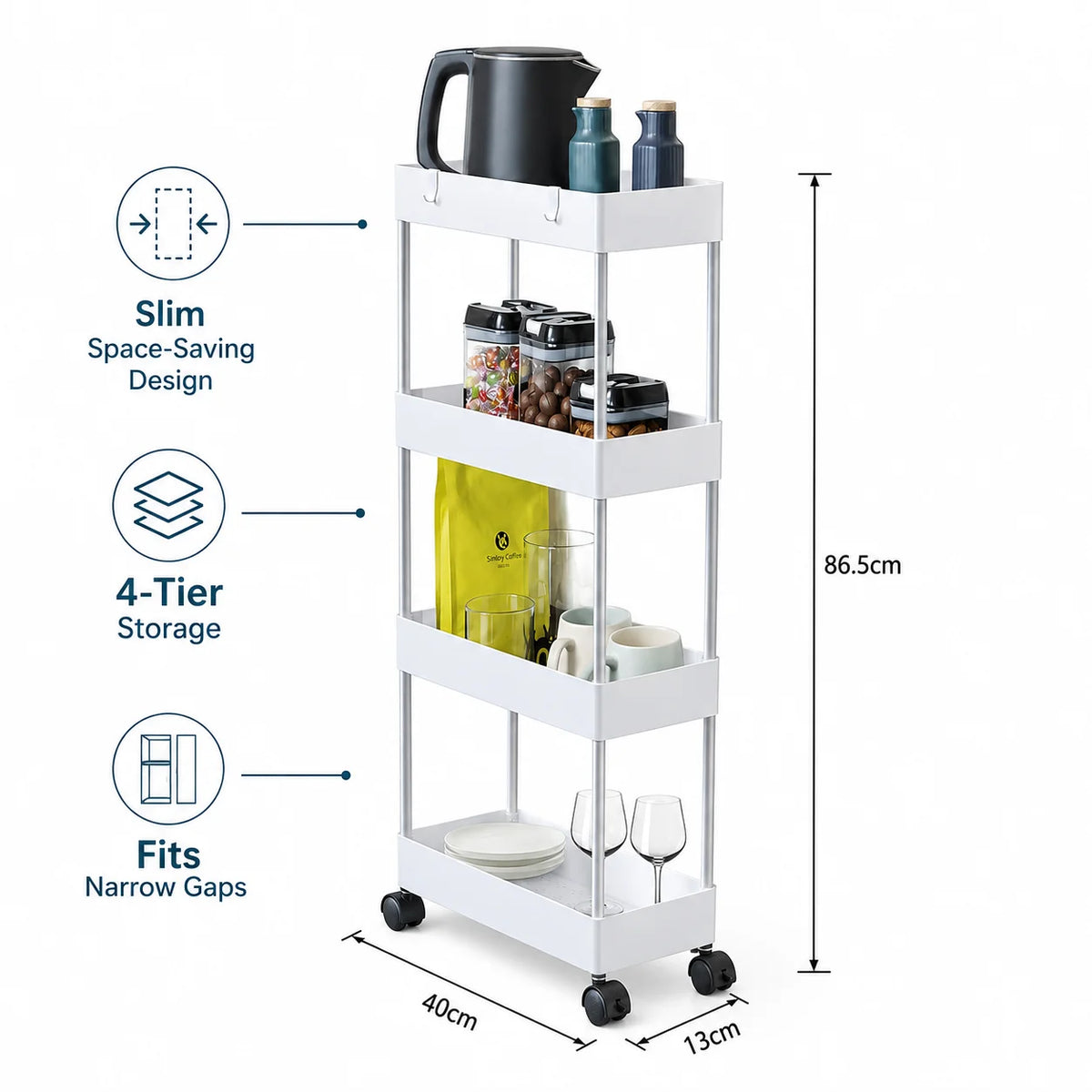 4-Tier Ultra Slim Rolling Storage Trolley Cart With Side Hooks