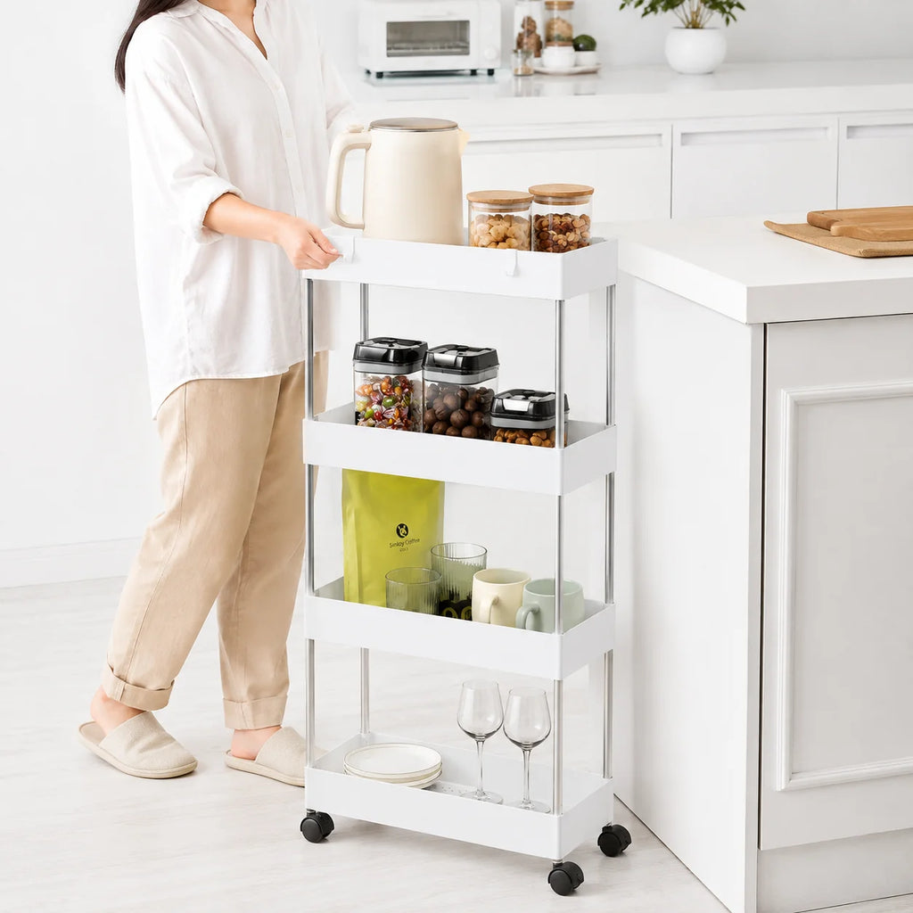 4-Tier Ultra Slim Rolling Storage Trolley Cart With Side Hooks