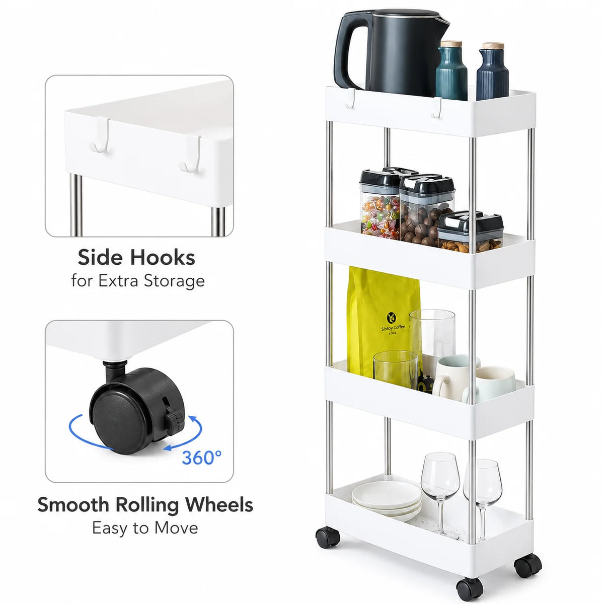 4-Tier Ultra Slim Rolling Storage Trolley Cart With Side Hooks