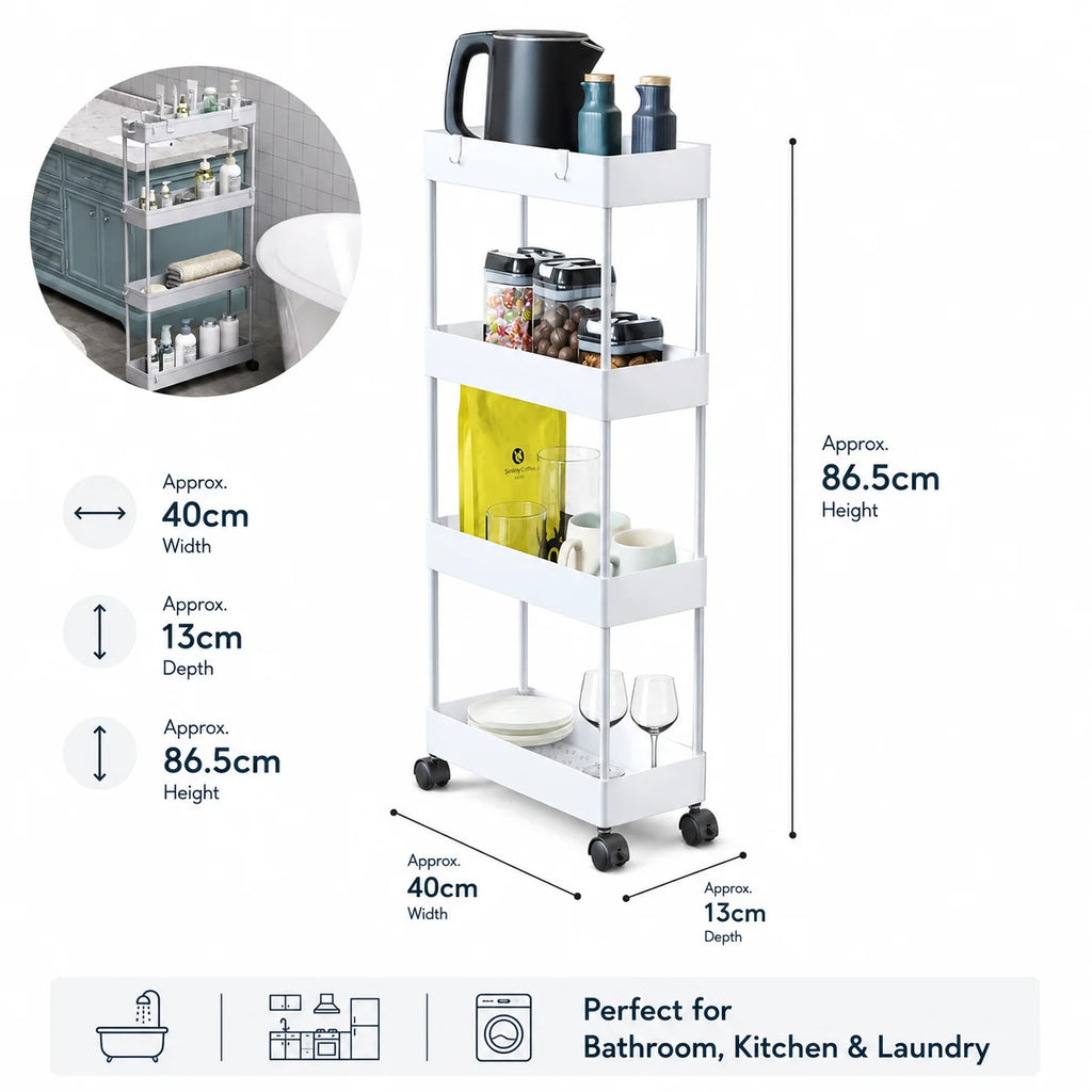 4-Tier Ultra Slim Rolling Storage Trolley Cart With Side Hooks