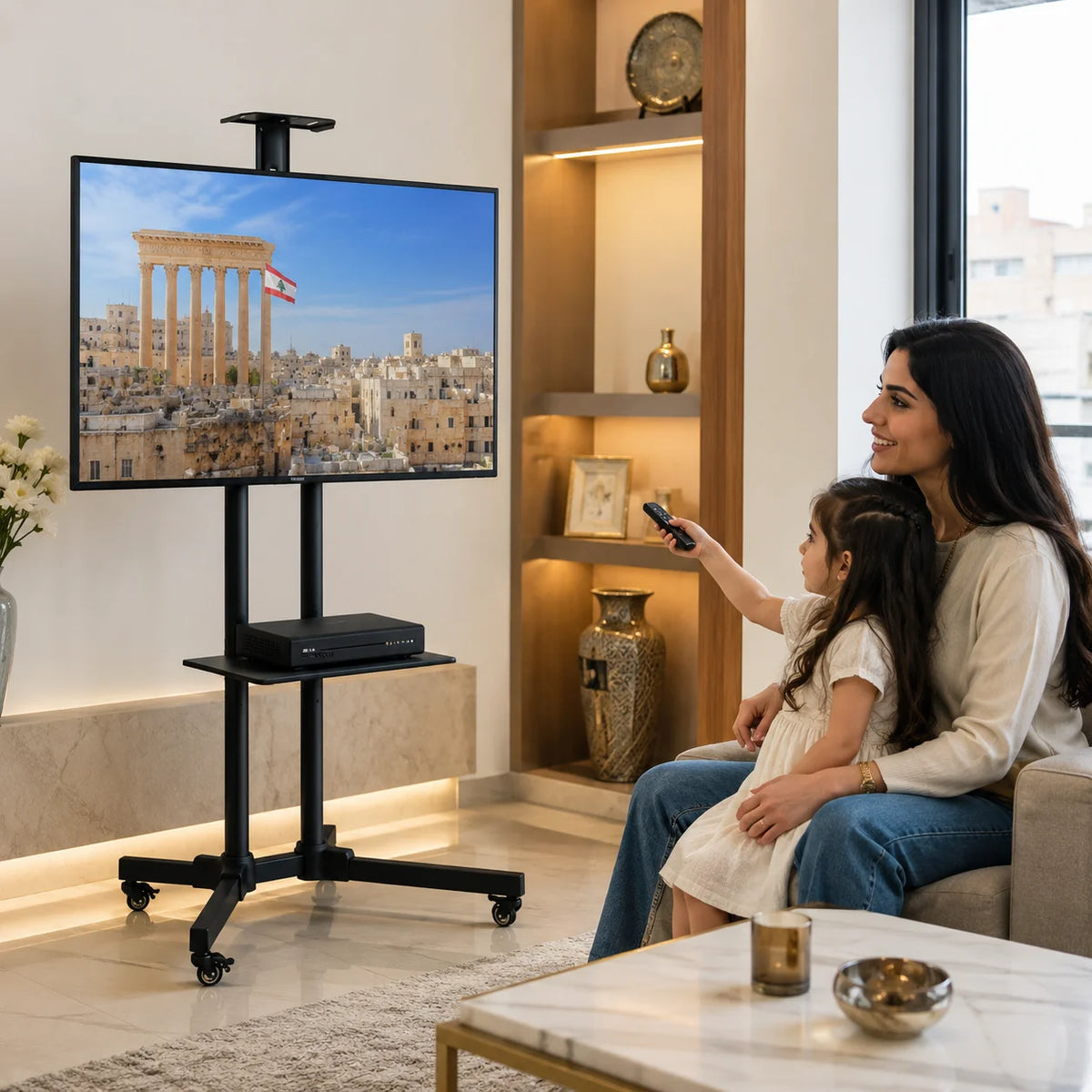 Mobile TV Cart Stand with Wheels and Dual Shelves